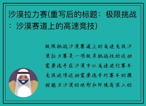 沙漠拉力赛(重写后的标题：极限挑战：沙漠赛道上的高速竞技)